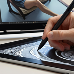 **

A person sits at a desk using a Wacom Intuos Pro tablet and pen to create digital art. The scene is lit with natural light, highlighting the screen and the artist's focused expression. Procreate or a similar digital painting program is open on the screen.

**