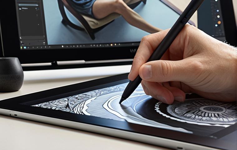 **
A person sits at a desk using a Wacom Intuos Pro tablet and pen to create digital art. The scene is lit with natural light, highlighting the screen and the artist's focused expression. Procreate or a similar digital painting program is open on the screen.
**